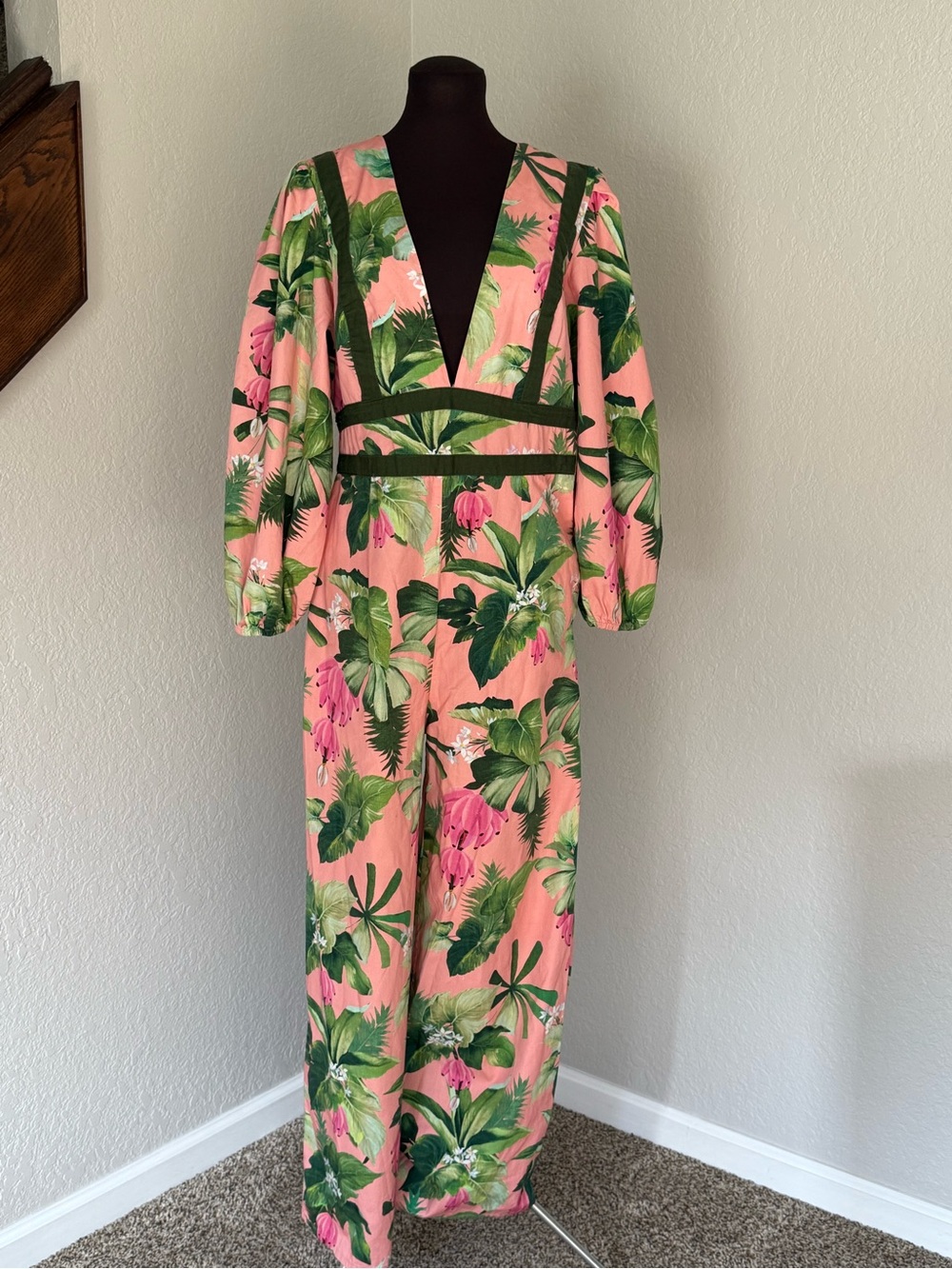 FARM Rio for Anthropologie Tropical Cotton Wide Leg Jumpsuit Pink Green Size M - Picture 4 of 12